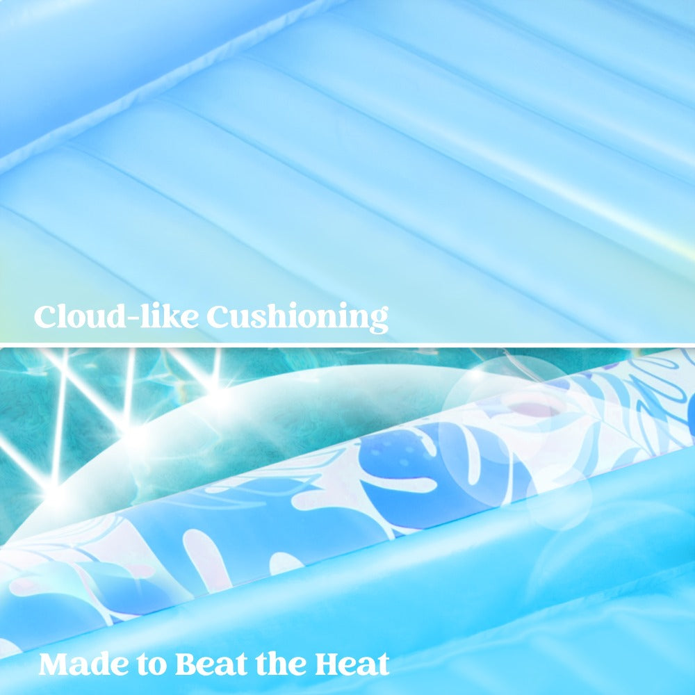 85 x 57-Inch Inflatable Pool Float Tanning Bed in Blue with Open Center, Ribbed Base and Raised Pillow