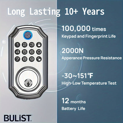 Voice Guided Keypad Deadbolt with Fingerprint, PIN, One-Time Visitor Code & Key, Backlit Keypad, Auto Lock