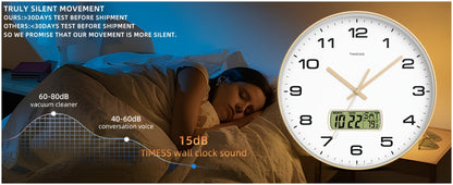 Round Analog Wall Clock with LCD Calendar and Temperature Window, Four Colors and 10- or 12-Inch Sizes