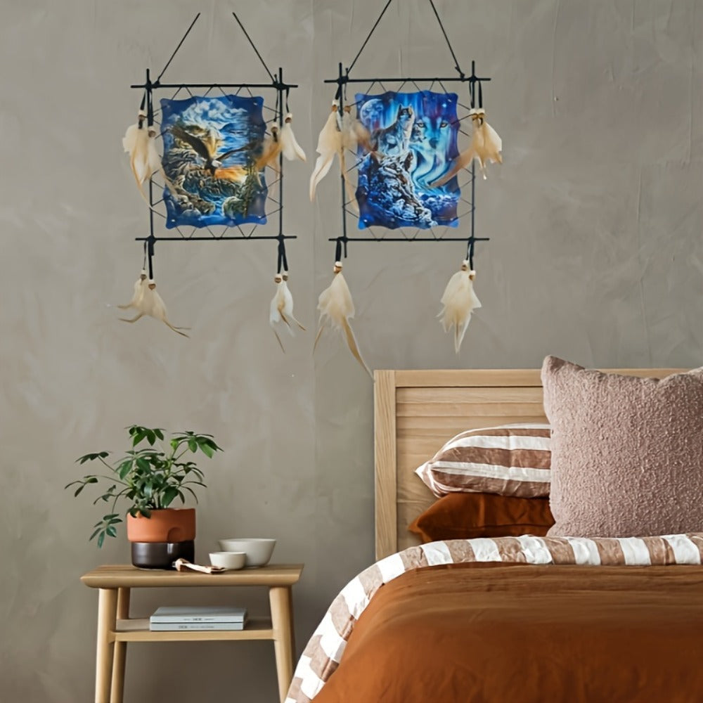 Two-Piece Animal Canvas Wall Hanging Set with Beads, Feathers and Three Wolf-Eagle Designs