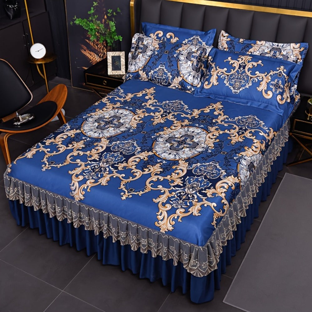 Ruffled Floral Bedspread Mat Set with Two Pillowcases, Twin to King Sizes and Four Pattern Choices