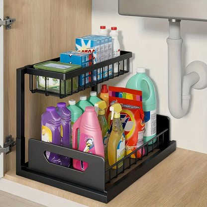 Two-Tier Pull-Out Cabinet Organizer with Upper and Lower Sliding Trays in Grey, Black or White Package Options
