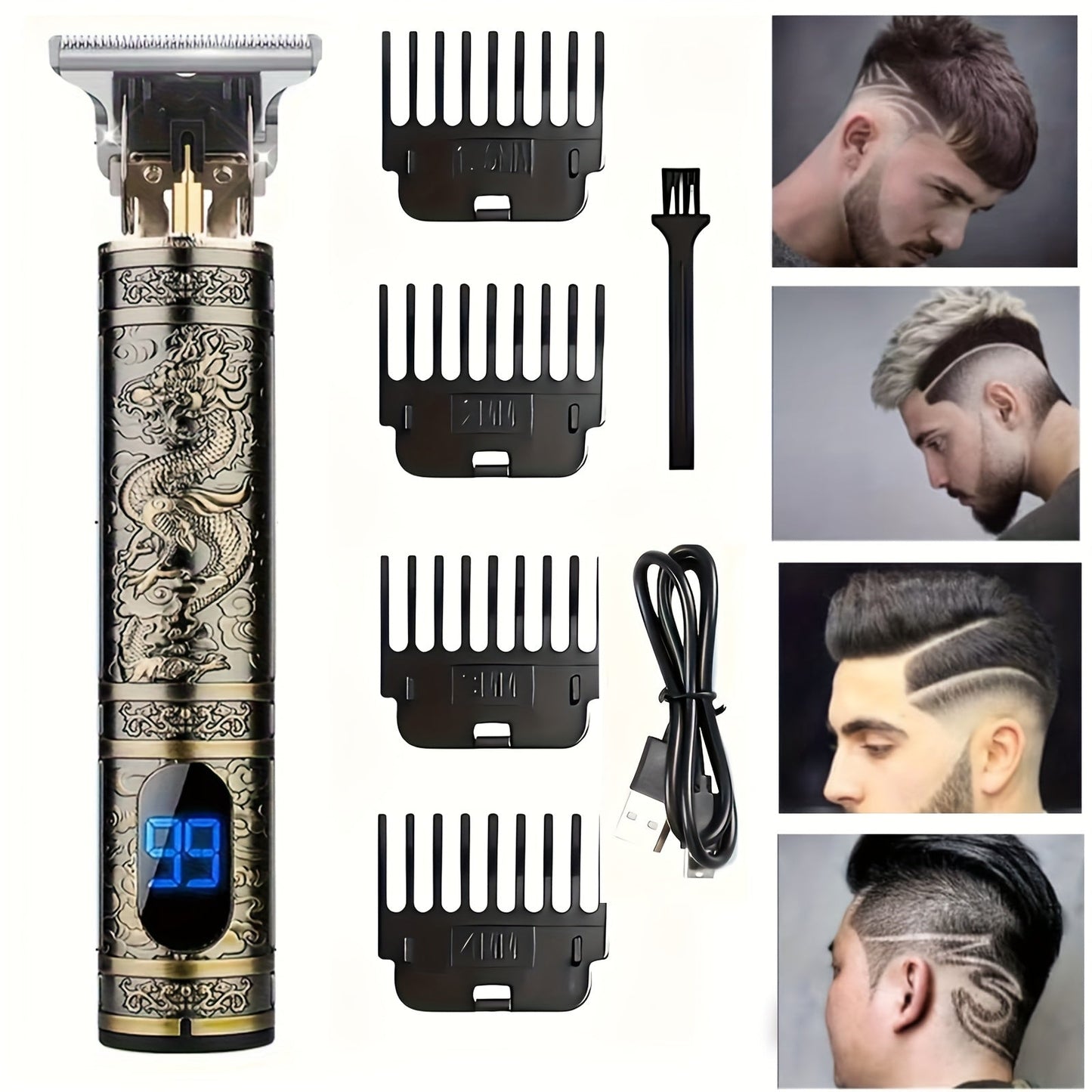 Hair Clippers & Trimmers Vintage Gold T-Blade Model with LCD Display, USB Charging and Three Etched Designs