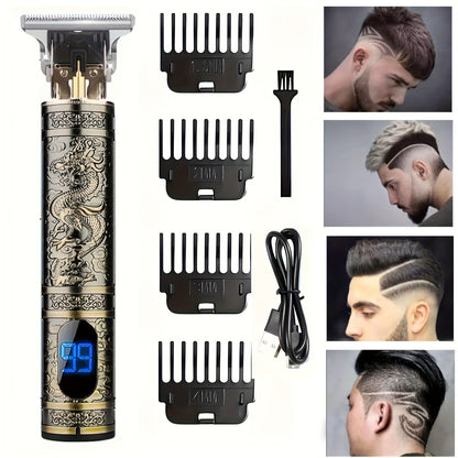 Hair Clippers & Trimmers Vintage Gold T-Blade Model with LCD Display, USB Charging and Three Etched Designs