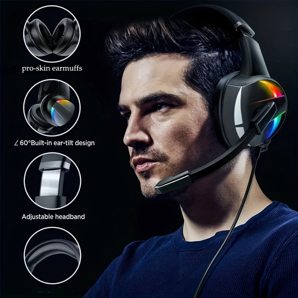 Black Wired Gaming Headset with Boom Microphone, RGB-Style Earcup Lighting and Inline Cable Controls