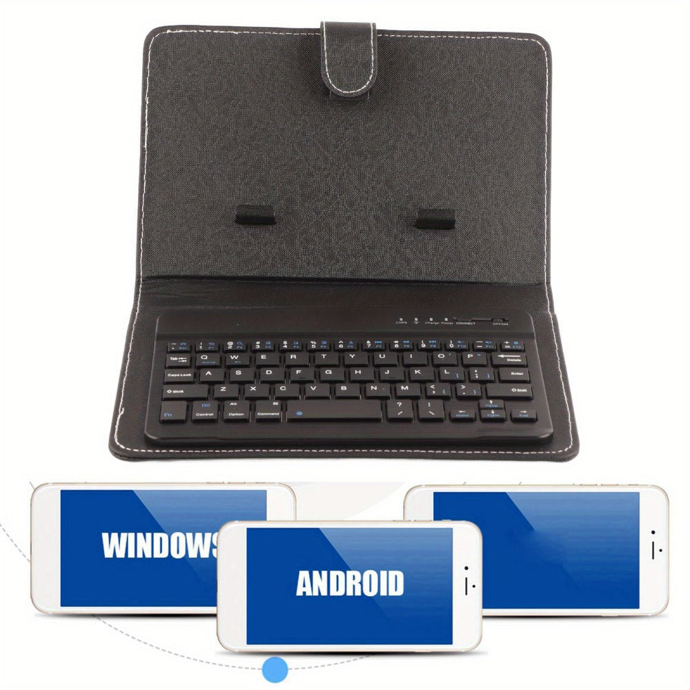 Collapsible Bluetooth Keyboard with Built-In Phone Stand – Wireless Portable Keyboard for Smartphones Tablets Laptops, Compatible with iOS Android Windows, PU Leather Case, Black Business Travel Keyboard