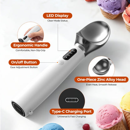 Electric Heated Ice Cream Scoop USB-C Rechargeable with 3 Temperature Settings 120°F 140°F 160°F IPX7 Waterproof Ergonomic Handle Gift for Ice Cream Lovers
