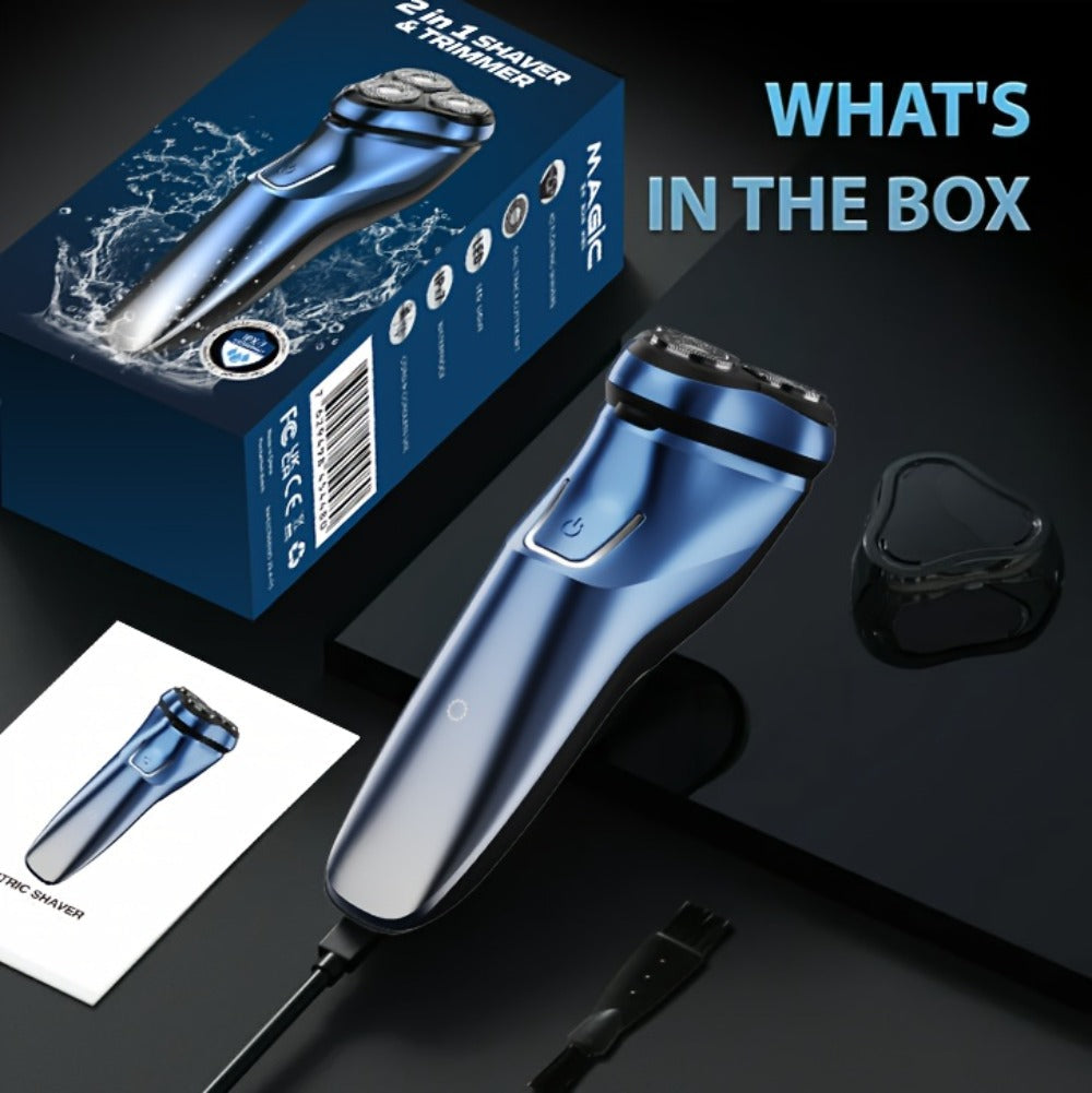 Three-Head Rotary Electric Shaver with Pop-Up Trimmer in Gunmetal or Blue Fade, ABS and Stainless Steel