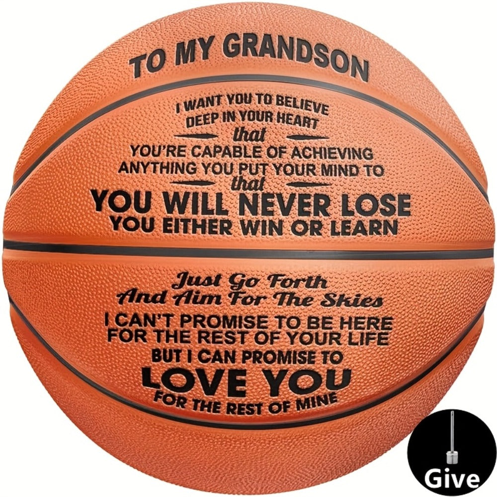 Message Basketball Gift for Son or Grandson with Eight Printed Design Options and Inflation Pump