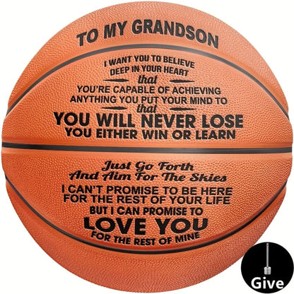 Message Basketball Gift for Son or Grandson with Eight Printed Design Options and Inflation Pump