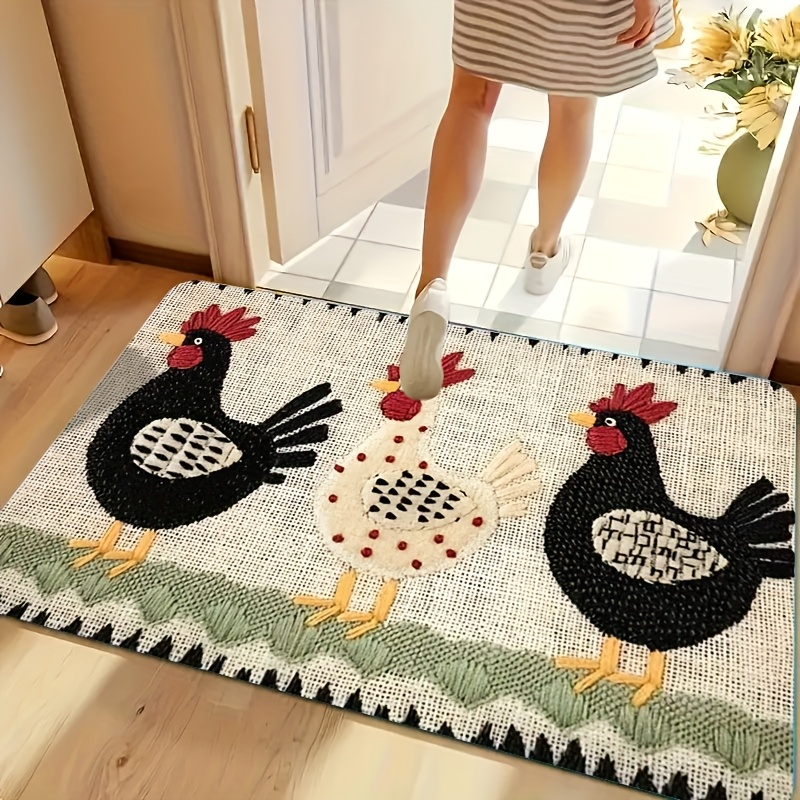Rooster Print Door Mat with Light Striped Field and Fringed-Look Border in Three Rectangles or One Runner