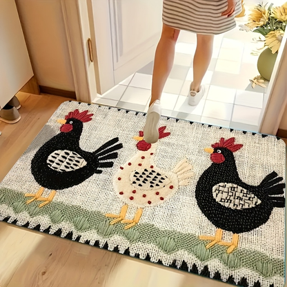Rooster Print Door Mat with Light Striped Field and Fringed-Look Border in Three Rectangles or One Runner
