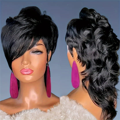Pixie Cut Mullet Wig with Bangs Curly Wave Synthetic Hair 150% Density Rose Net Cap – Heat Resistant Short Layered Wig for Women Daily Wear Cosplay Fashion Black Burgundy 14 Inch
