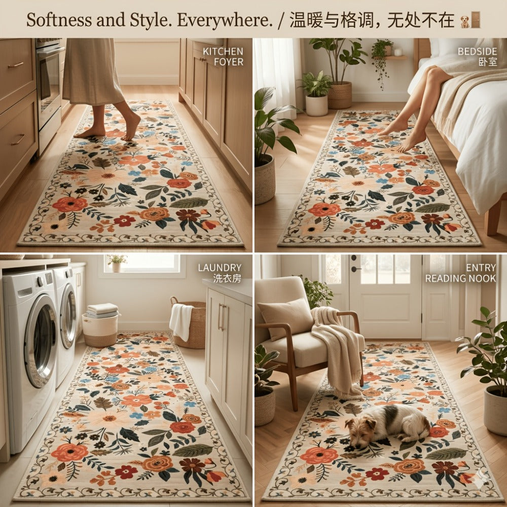 Area Rug Bohemian Floral Plush Runner with Four Machine-Washable Sizes for Bedroom or Kitchen
