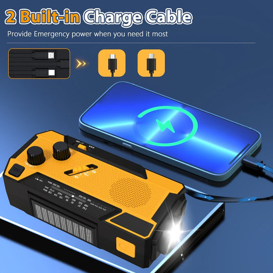 2000mAh Emergency Radio with Built-in 3-in-1 Charging Cable – AM/FM/NOAA Weather Radio, Solar Hand Crank USB Power Bank, SOS Alarm Flashlight, Winter Storm Survival Kit for Hurricane Preparedness