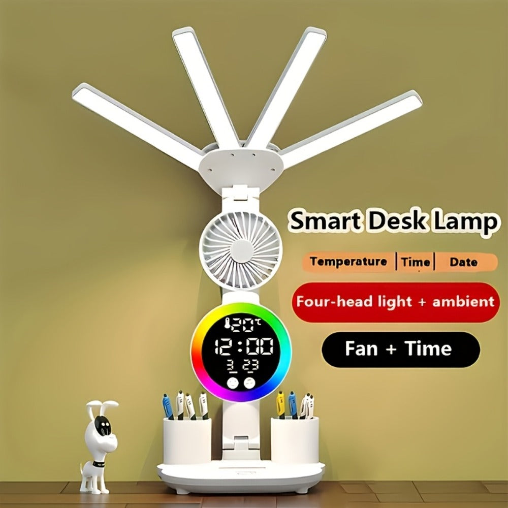 Multifunction LED Desk Lamp with Dual Light Bars, Built-In Fan, Digital Clock Display and One- or Two-Pack Options