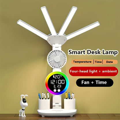 Multifunction LED Desk Lamp with Dual Light Bars, Built-In Fan, Digital Clock Display and One- or Two-Pack Options
