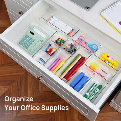 Drawer Storage Organizer Set 60-Piece Clear Plastic Bins in Four Sizes for Desk, Kitchen or Office