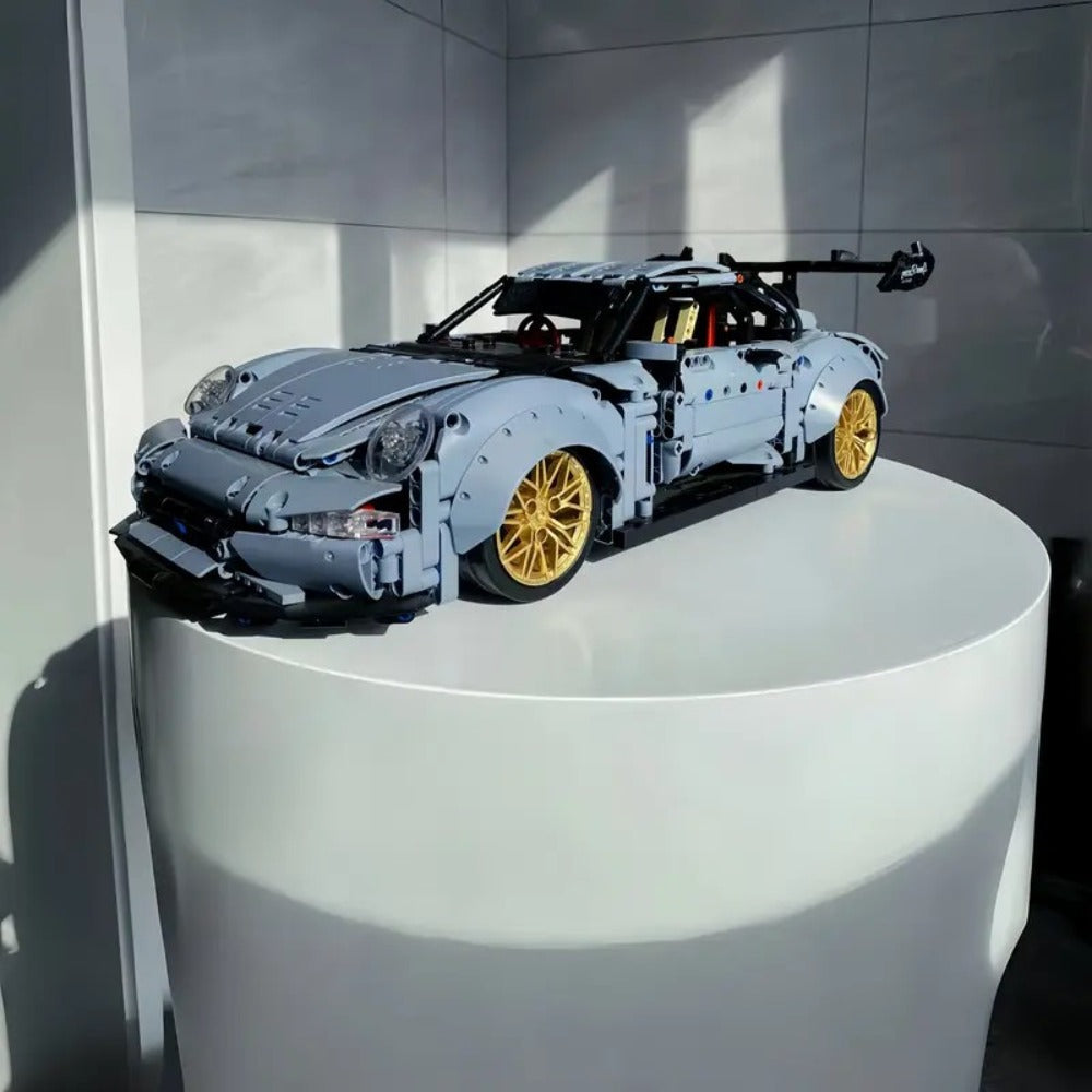 Misty Blue Lowrider Sports Car Building Block Model with 2,100 Pieces, Two Checkout Sets and Display Stand