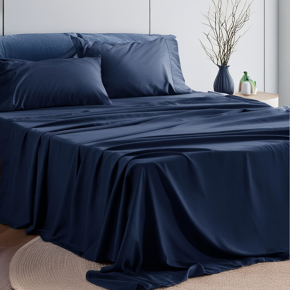 Sheet Set, Four-Piece Solid-Color Bedding with Deep-Pocket Fitted Sheet, Flat Sheet and Two Pillowcases