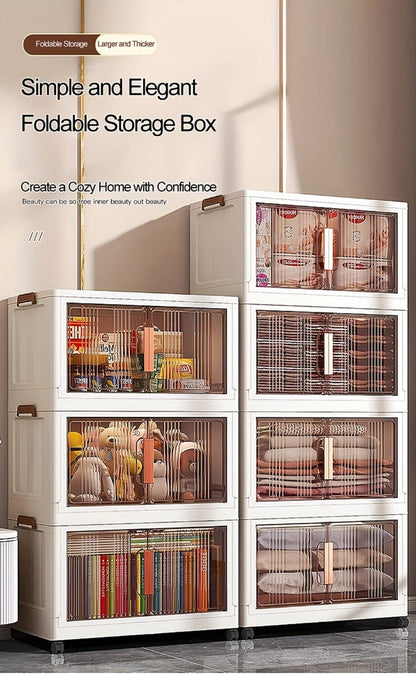 Storage Cabinet Folding Plastic Organizer with Magnetic Doors, Lockable Wheels and Three to Five Tiers