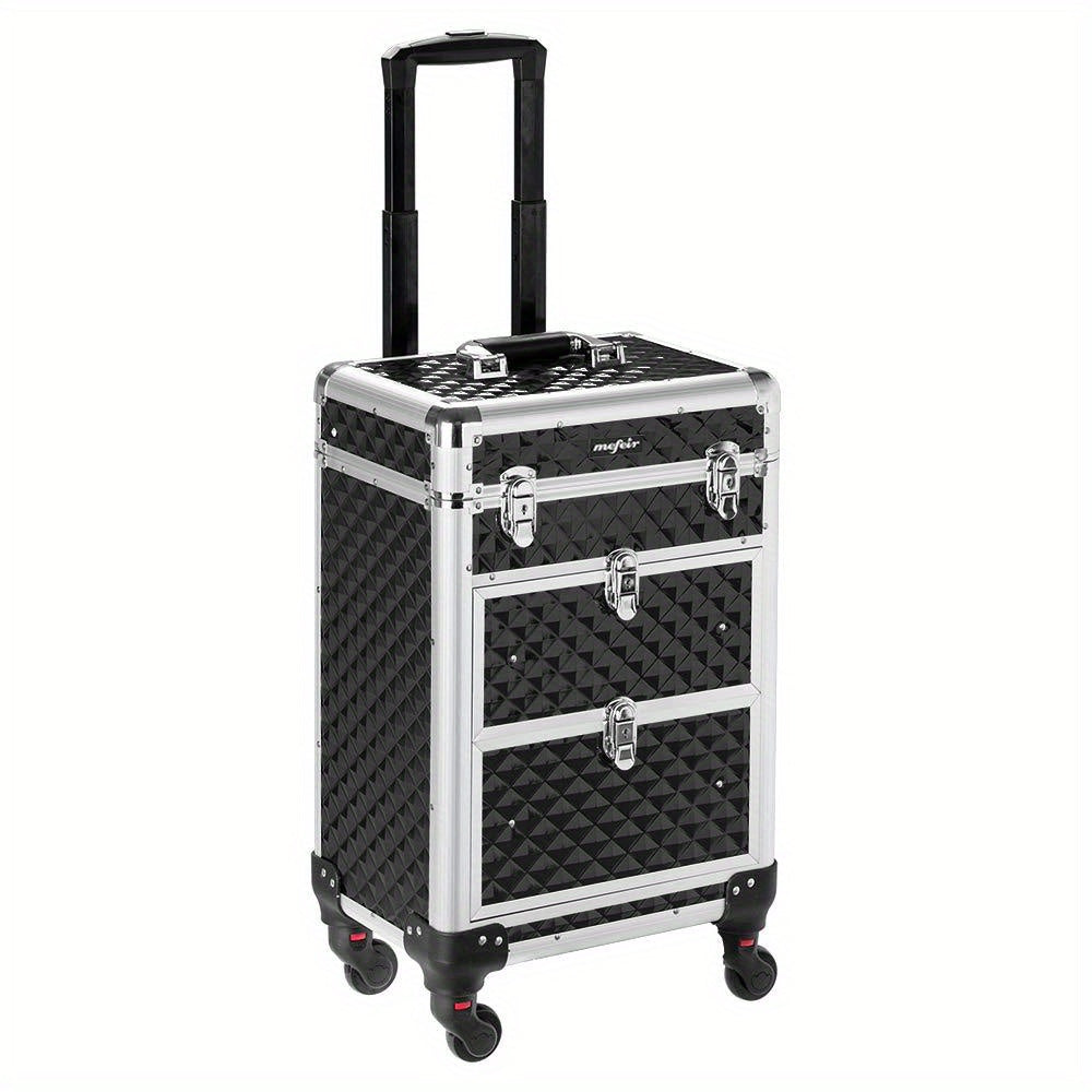 Black Rolling Makeup Train Case with Four Wheels, Telescoping Handle, Three Top Trays and Two Drawers