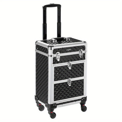 Black Rolling Makeup Train Case with Four Wheels, Telescoping Handle, Three Top Trays and Two Drawers