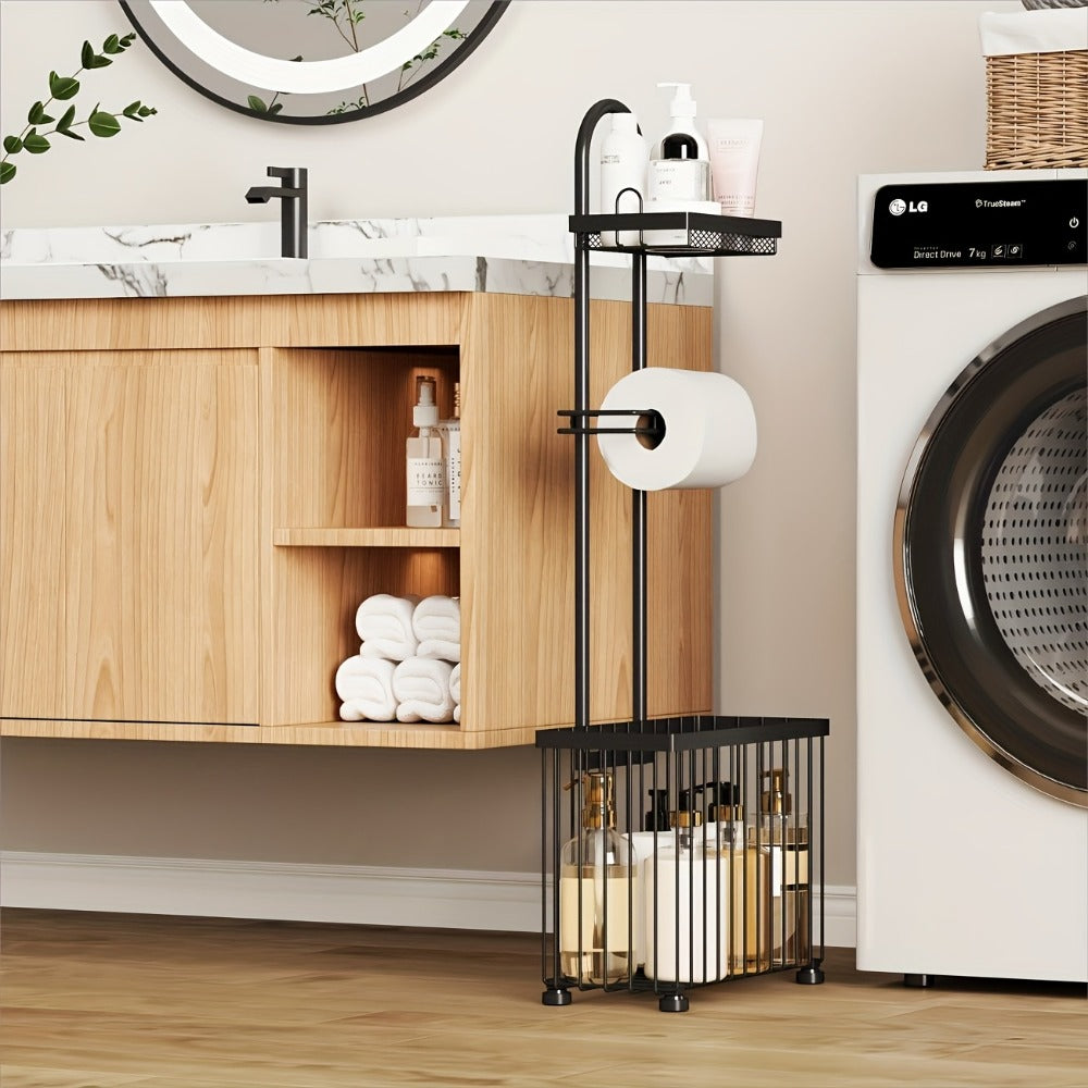 Freestanding Toilet Paper Holder with Rectangular Six-Roll Storage Basket, Upper Shelf and Pack Options
