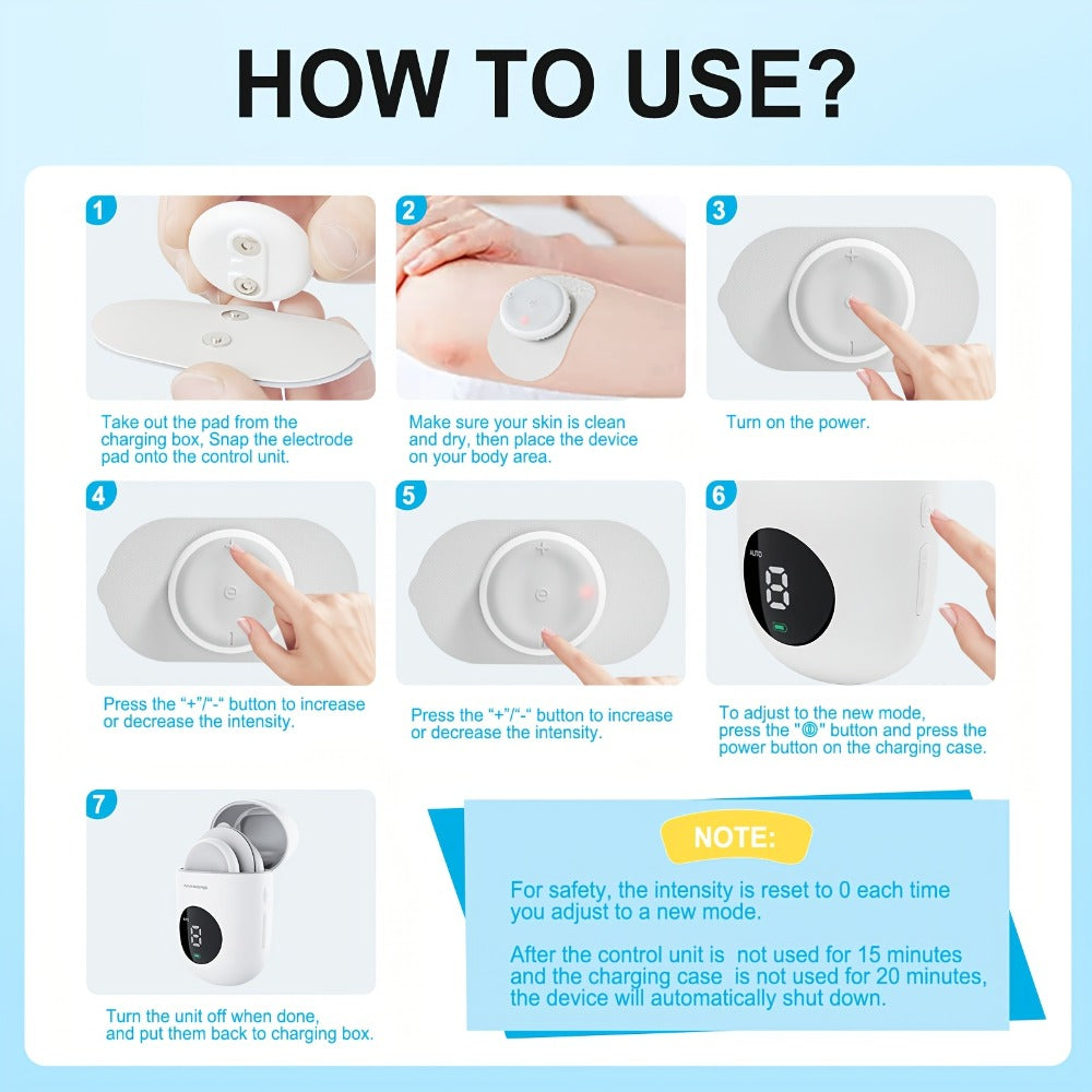 Cordless Rechargeable TENS and EMS Stimulator Set with Two Round Pads, Six Modes and Charging Case