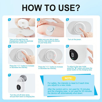 Cordless Rechargeable TENS and EMS Stimulator Set with Two Round Pads, Six Modes and Charging Case