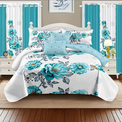 Teal Floral Comforter Set Twin Queen King Gradient Oil Painting Style Botanical Luxury Quilt Bedding Soft Microfiber All Season Bed in a Bag Gift