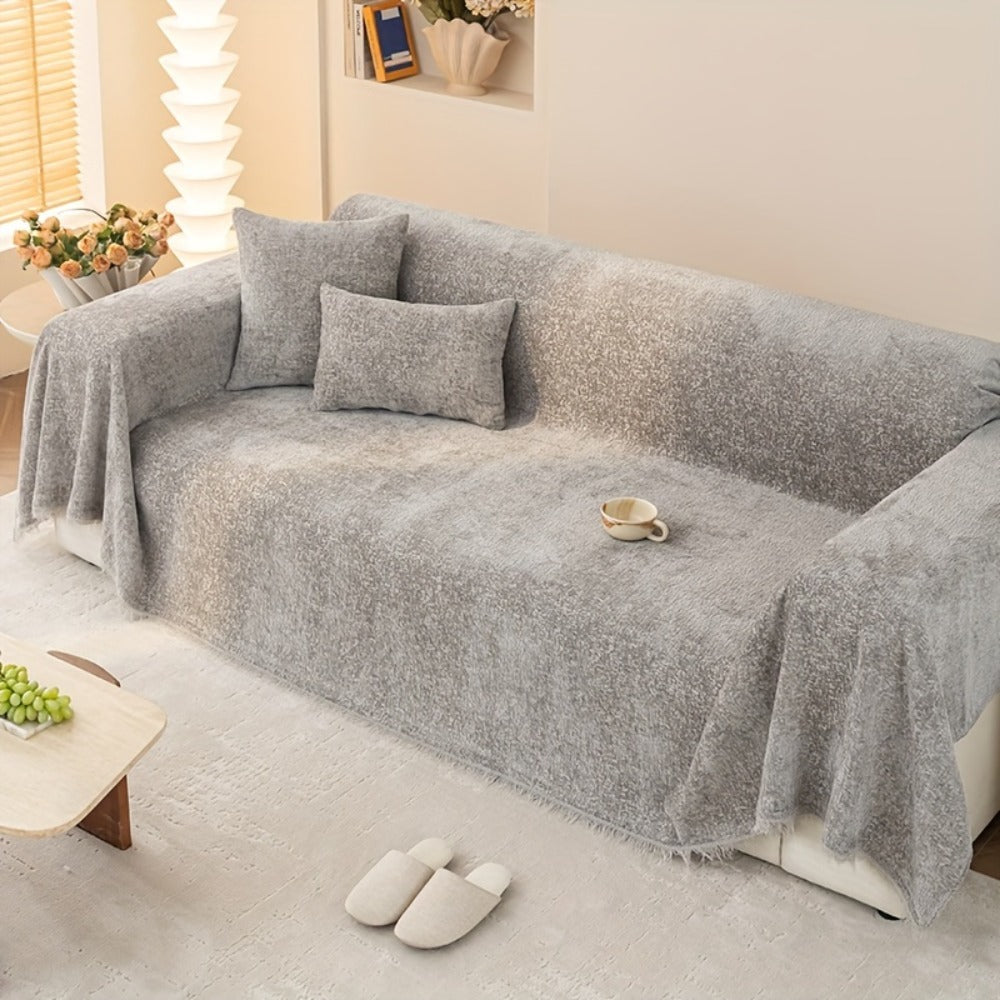 Sofa Cover 300 GSM Solid Chenille Throw with Fringe in Four Colors and Sizes from Single Seat to 71 x 150 Inches