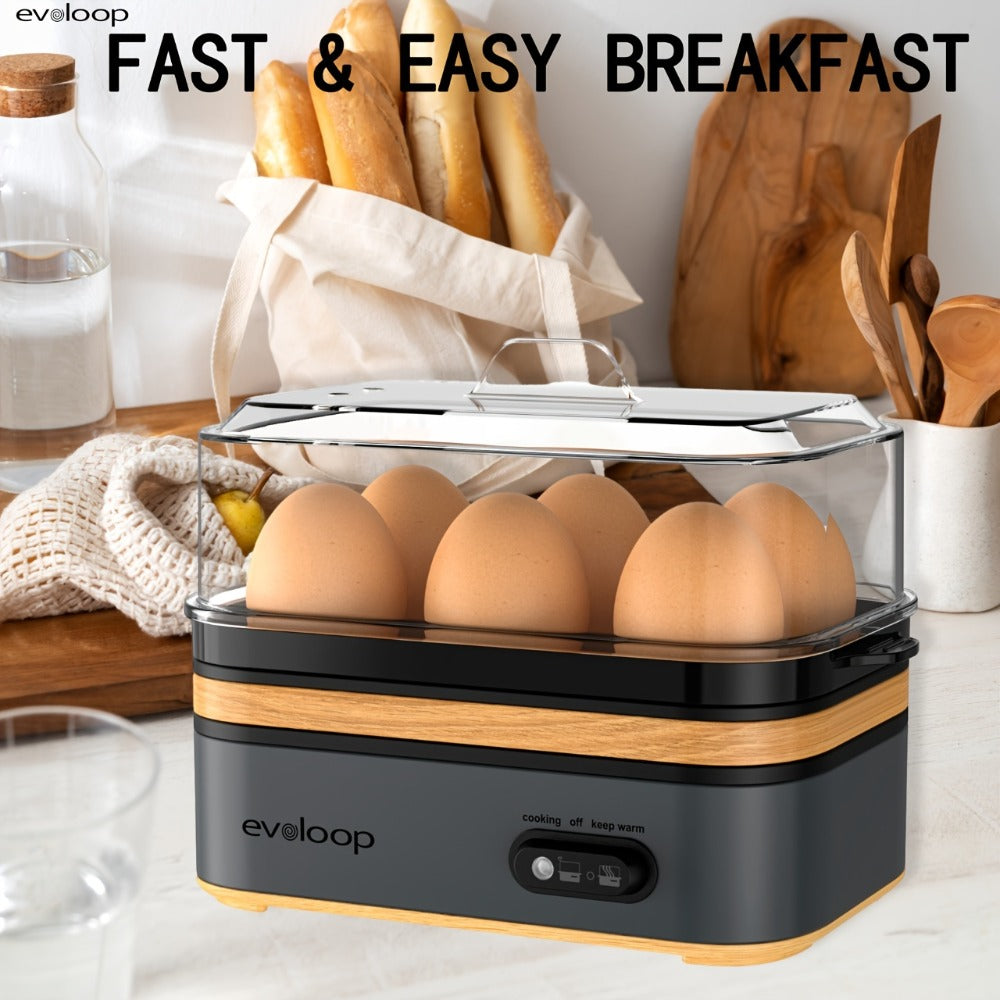 Electric Egg Cooker 6 Egg Capacity Rapid BPA Free Stainless Steel 400W for Hard Boiled Poached Scrambled Eggs Omelets Auto Shut Off Kitchen Appliance Green Wood Silver