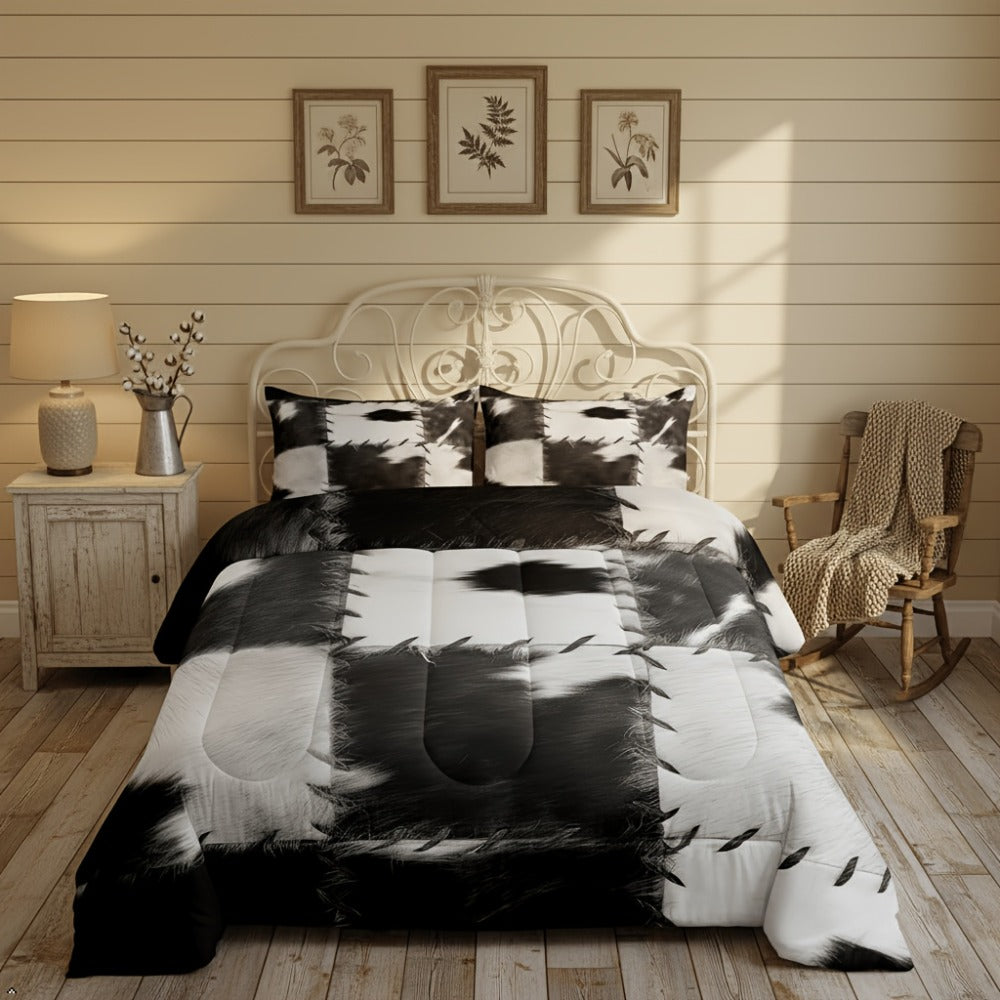 Western Cowhide Print Comforter and Pillowcase Set in Dark Gray with Twin, Full, Queen or King Sizes
