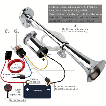 Air Horn Kit for Trucks – Super Loud 18" Single Trumpet Train Horn with Compressor, 12V/24V Universal Fit for Truck, Car, SUV, Jeep – Chrome & Black