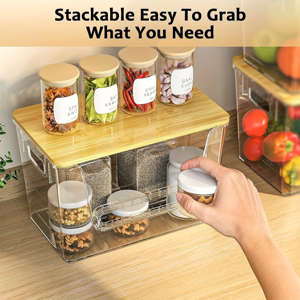 Pantry Storage Box Kitchen Organizer 2-Piece Clear Acrylic Stackable Set with Three Garbage Bag Rolls