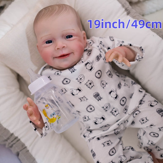 Reborn Doll, 19-Inch Cloth-Body Smiling Figure with Vinyl Head and Limbs, Printed Outfit and Bottle