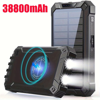 32800mAh Solar Power Bank 6 Outputs Wireless Charger – 4 Built-In Cables Dual Flashlights 15W Fast Charging, 32800 38800mAh External Battery Pack for Travel Camping GPS Emergency iPhone 17 Android