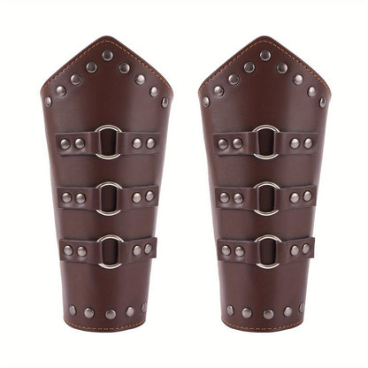 Medieval Arm Bracers 2pcs PU Leather Gauntlet Wristbands for Men, Renaissance Knight Warrior Viking Cosplay Costume Prop for Halloween LARP Stage Performance Photo Shoot, Black & Brown