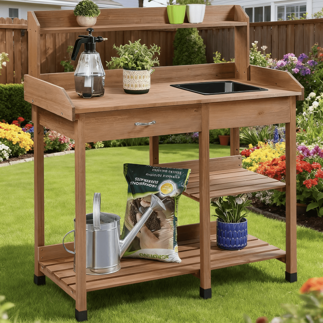 Four-Tier Garden Potting Bench with Removable Sink, Drawer, Adjustable Shelf and Three Side Hooks