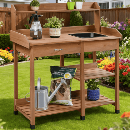 Four-Tier Garden Potting Bench with Removable Sink, Drawer, Adjustable Shelf and Three Side Hooks