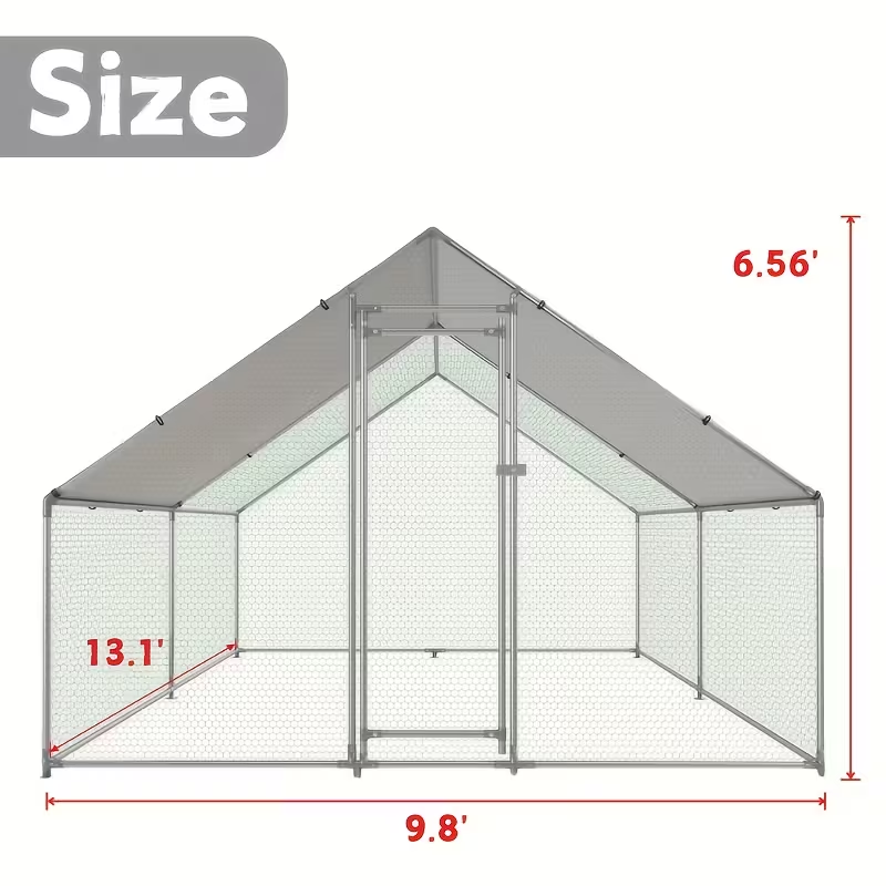 Walk-In Metal Poultry Enclosure in Six Size Options with Mesh Walls, Door and Partial Roof Cover