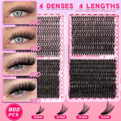 800Pcs Volume Lash Clusters Kit 30D 40D 60D 80D — Wispy DIY Eyelash Extensions with Bond Seal & Applicator, Mixed Length Fluffy Cluster Lashes for Prom Party Bridal Glam & Natural Look