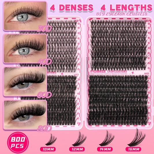 800Pcs Volume Lash Clusters Kit 30D 40D 60D 80D — Wispy DIY Eyelash Extensions with Bond Seal & Applicator, Mixed Length Fluffy Cluster Lashes for Prom Party Bridal Glam & Natural Look