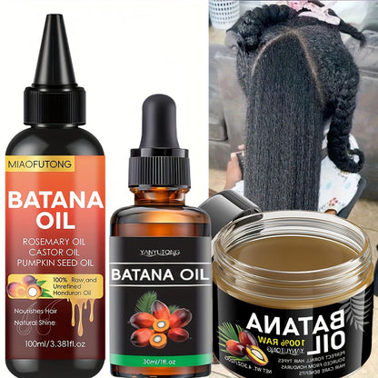 Batana Oil 3-Piece Hair Care Kit – Pure Cold-Pressed Honduras Batana Oil 3.38oz + Essential Oil 1.01oz + Hair Cream 120g, Scalp Repair, Anti-Breakage, All Hair Types
