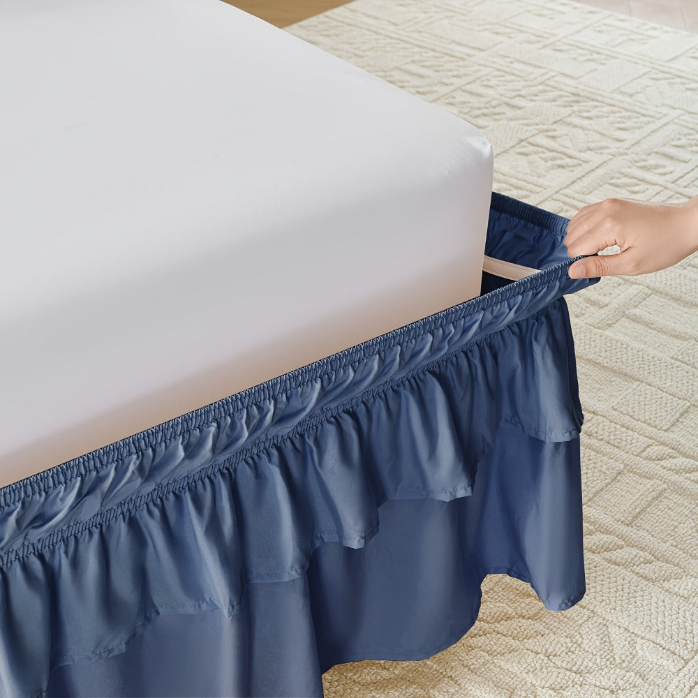 Double Ruffle Bed Skirt 16" Drop | Elastic Wrap Around Dust Ruffle for Twin Full Queen King Bed | Easy Install Machine Washable Soft Linen Poly Blend Bedskirt
