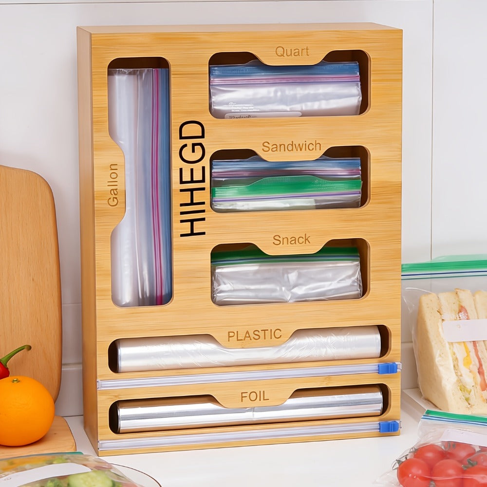 Bamboo Wrap Dispenser Kitchen Organizer 6-in-1 Bag Storage Box with Dual Cutters for Drawer or Wall