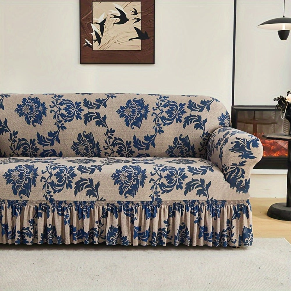 Sofa Slipcover, Dark Blue Stretch Cover with Ruffle Skirt, Fixed Rod and One-to-Four-Seat Options