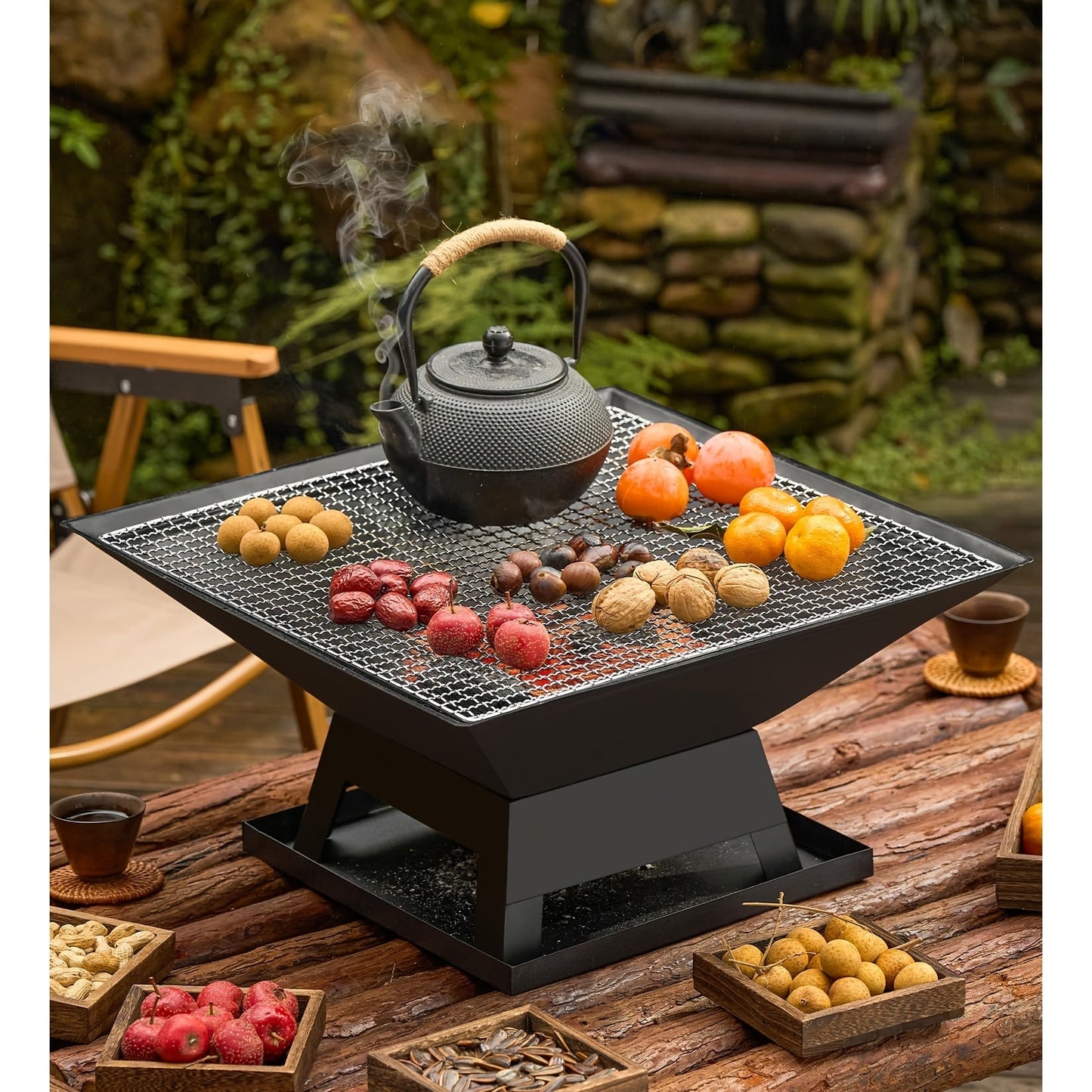 18.5-Inch Black Square Fire Pit and Grill with Mesh Pyramid Cover, Cooking Grate and Long Poker