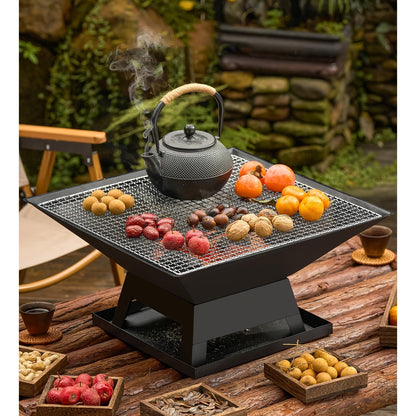 18.5-Inch Black Square Fire Pit and Grill with Mesh Pyramid Cover, Cooking Grate and Long Poker